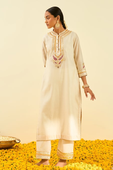 Sheetal Batra_White Kurta - Silk Chanderi Palazzo - Cambric Gota And Bead Work Arisah & Set _Online_at_Aza_Fashions