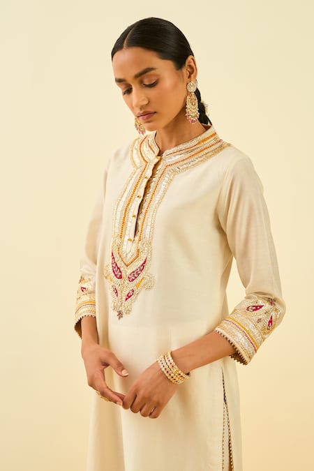 Shop_Sheetal Batra_White Kurta - Silk Chanderi Palazzo - Cambric Gota And Bead Work Arisah & Set _Online_at_Aza_Fashions