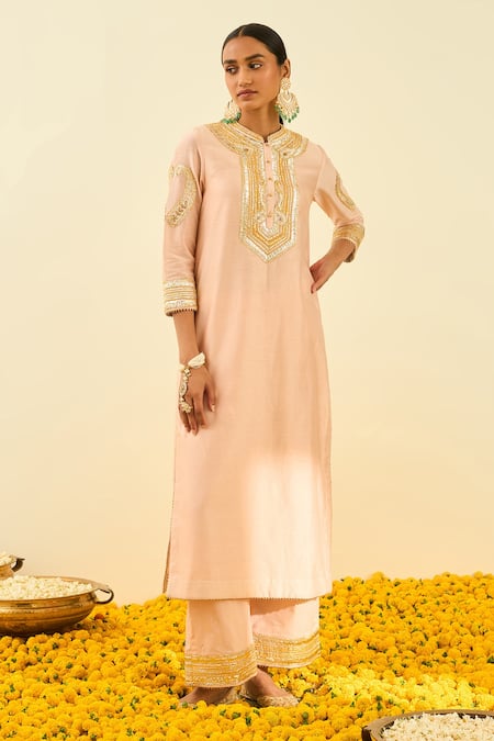 Sheetal Batra Pink Kurta - Silk Chanderi Palazzo - Cambric Gota And Bead Work Aliyah & Set 