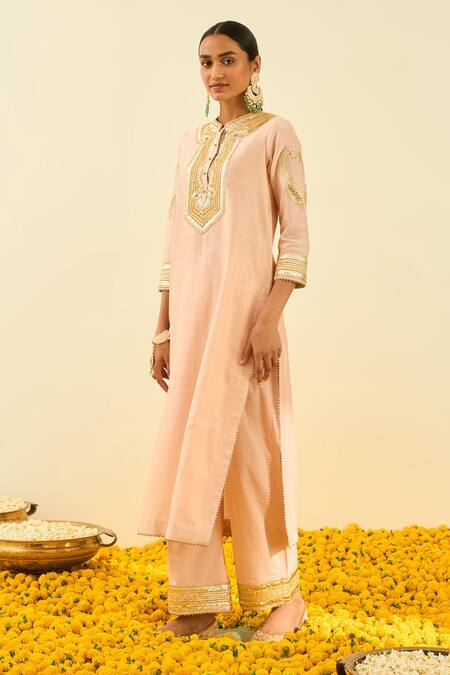 Sheetal Batra_Pink Kurta - Silk Chanderi Palazzo - Cambric Gota And Bead Work Aliyah & Set_Online_at_Aza_Fashions