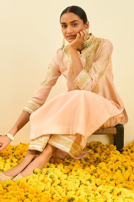 Buy_Sheetal Batra_Pink Kurta - Silk Chanderi Palazzo - Cambric Gota And Bead Work Aliyah & Set_Online_at_Aza_Fashions