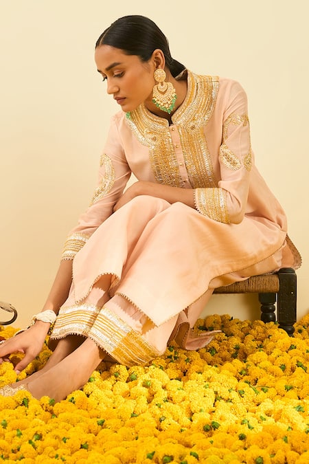 Shop_Sheetal Batra_Pink Kurta - Silk Chanderi Palazzo - Cambric Gota And Bead Work Aliyah & Set_Online_at_Aza_Fashions