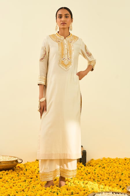 Sheetal Batra White Kurta - Silk Chanderi Palazzo - Cambric Gota And Bead Work Aliyah & Set 