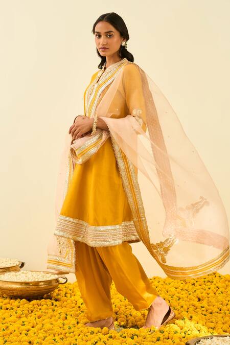 Buy_Sheetal Batra_Yellow Kurta - Silk Chanderi Salwar - Bamberg Satin Sadirah Embroidered Set _Online_at_Aza_Fashions