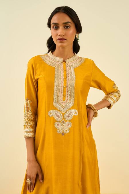 Shop_Sheetal Batra_Yellow Kurta - Silk Chanderi Salwar - Bamberg Satin Sadirah Embroidered Set _Online_at_Aza_Fashions