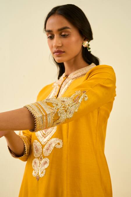 Sheetal Batra_Yellow Kurta - Silk Chanderi Salwar - Bamberg Satin Sadirah Embroidered Set _at_Aza_Fashions