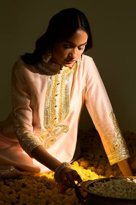 Shop_Sheetal Batra_Pink Kurta - Silk Chanderi Salwar - Bamberg Satin Sadirah Embroidered Set_Online_at_Aza_Fashions