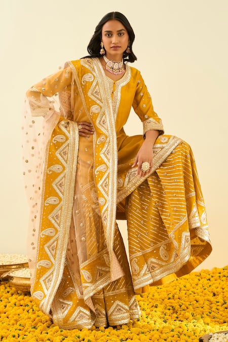 Buy_Sheetal Batra_Yellow Kurta And Gharara - Chanderi Dupatta - Organza Shafna Set_Online_at_Aza_Fashions