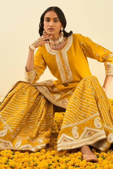 Shop_Sheetal Batra_Yellow Kurta And Gharara - Chanderi Dupatta - Organza Shafna Set_Online_at_Aza_Fashions