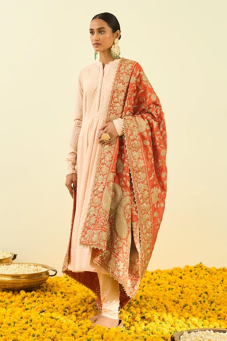 Sheetal Batra Orange Raw Silk Tilla Embroidered Dupatta 