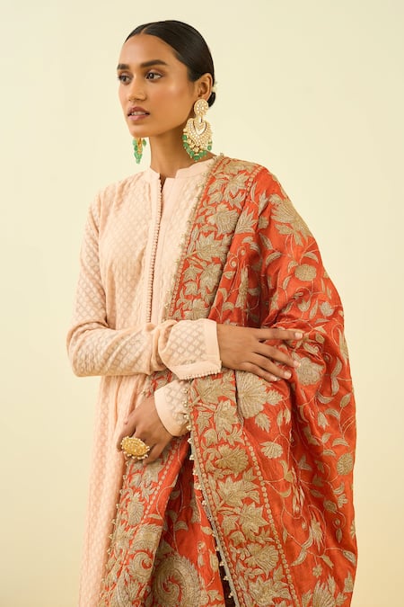 Sheetal Batra_Orange Raw Silk Tilla Embroidered Dupatta_Online_at_Aza_Fashions