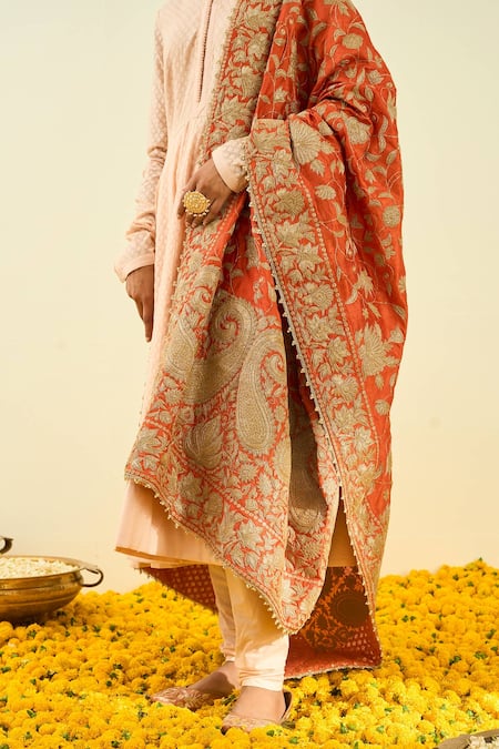 Buy_Sheetal Batra_Orange Raw Silk Tilla Embroidered Dupatta_Online_at_Aza_Fashions