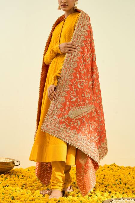 Sheetal Batra_Orange Raw Silk Tilla Embroidered Dupatta_Online_at_Aza_Fashions