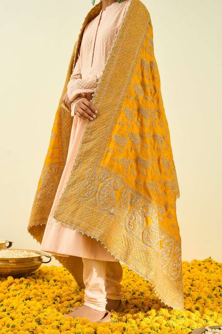 Sheetal Batra_Yellow Raw Silk Tilla Embroidered Dupatta_Online_at_Aza_Fashions