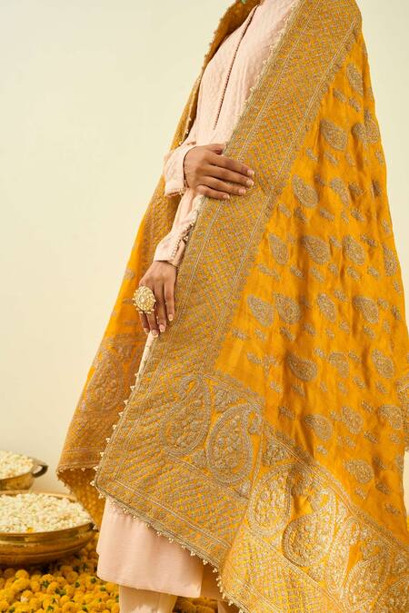 Buy_Sheetal Batra_Yellow Raw Silk Tilla Embroidered Dupatta_Online_at_Aza_Fashions