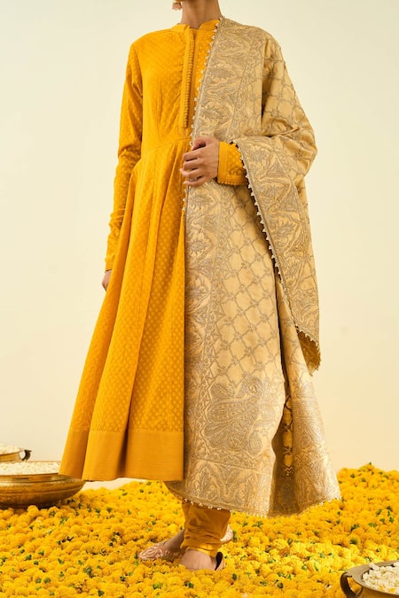 Shop_Sheetal Batra_Gold Raw Silk Tilla Embroidered Dupatta _at_Aza_Fashions