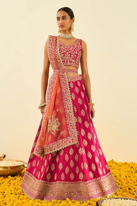 Buy Pink, Orange and Red Silk Embroidered Lehenga Set by Designer Shyam  Narayan Prasad Online at Ogaan.com