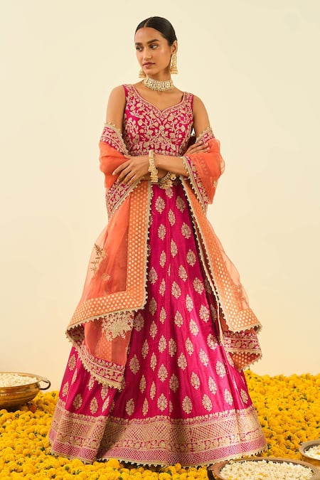 Sheetal Batra Pink Lehenga And Blouse - Raw Dupatta - Mahira Embroidered Bridal Set Online at Aza Fashions Sheetal Batra_Pink Lehenga And Blouse - Raw Dupatta - Mahira Embroidered Bridal Set _Online_at_Aza_Fashions
