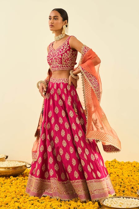 Buy Sheetal Batra Pink Lehenga And Blouse - Raw Dupatta - Mahira Embroidered Bridal Set Online at Aza Fashions Buy_Sheetal Batra_Pink Lehenga And Blouse - Raw Dupatta - Mahira Embroidered Bridal Set _Online_at_Aza_Fashions
