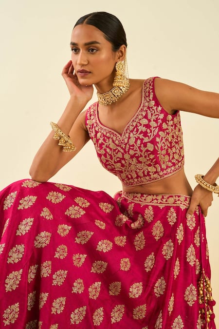 Shop Sheetal Batra Pink Lehenga And Blouse - Raw Dupatta - Mahira Embroidered Bridal Set Online at Aza Fashions Shop_Sheetal Batra_Pink Lehenga And Blouse - Raw Dupatta - Mahira Embroidered Bridal Set _Online_at_Aza_Fashions