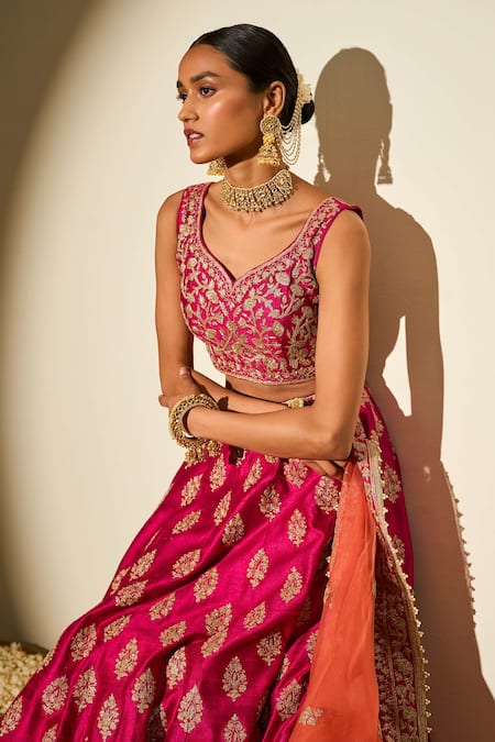 Sheetal Batra Pink Lehenga And Blouse - Raw Dupatta - Mahira Embroidered Bridal Set at Aza Fashions Sheetal Batra_Pink Lehenga And Blouse - Raw Dupatta - Mahira Embroidered Bridal Set _at_Aza_Fashions
