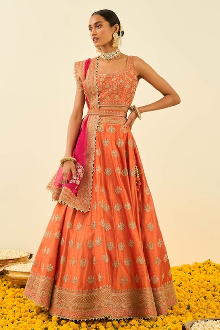 Sheetal Batra Orange Lehenga And Blouse - Raw  Dupatta - Organza Masiah Bridal Set 