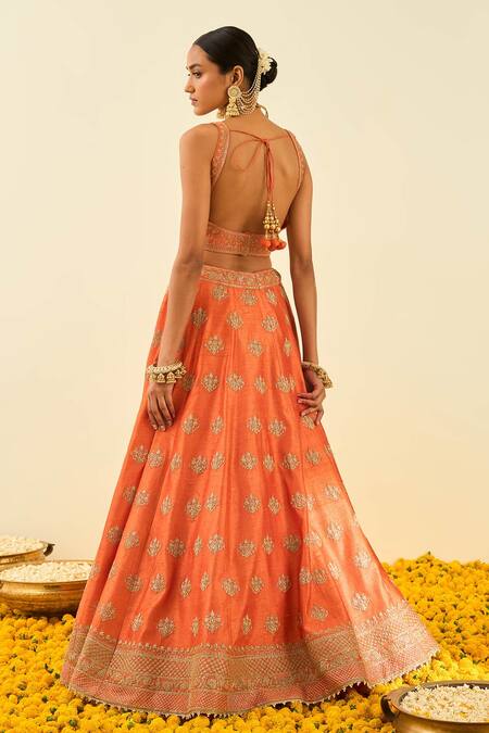 Shop_Sheetal Batra_Orange Lehenga And Blouse - Raw Silk Dupatta - Masiah Embroidered Bridal Set _at_Aza_Fashions