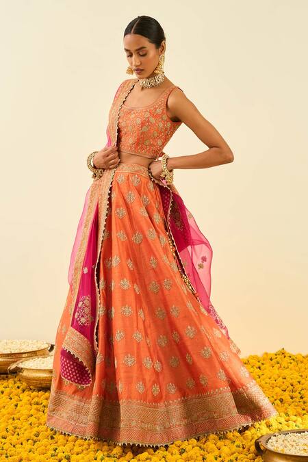 Sheetal Batra_Orange Lehenga And Blouse - Raw Silk Dupatta - Masiah Embroidered Bridal Set _Online_at_Aza_Fashions