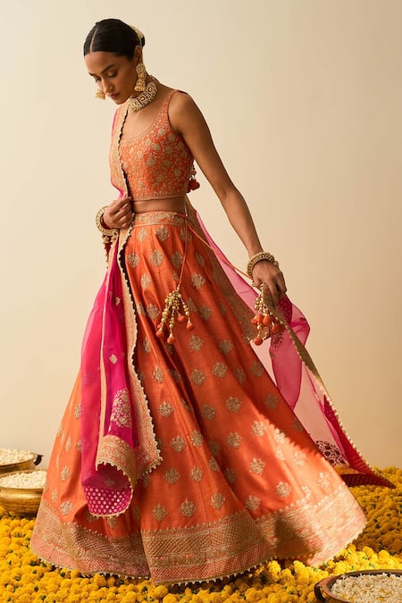Shop_Sheetal Batra_Orange Lehenga And Blouse - Raw Silk Dupatta - Masiah Embroidered Bridal Set _Online_at_Aza_Fashions
