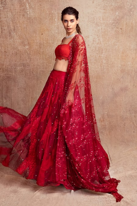 Shop_Shehlaa Khan_Red Choli - , Dupatta - , Lehenga - Work Square Bridal Set _at_Aza_Fashions