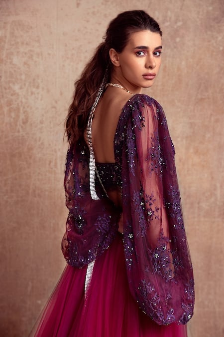 Shop_Shehlaa Khan_Purple Choli - , Lehenga - Tulle , Thread V Neck And Set _at_Aza_Fashions