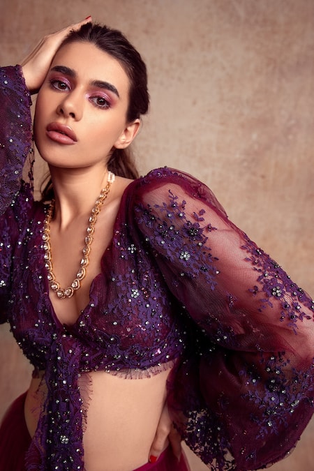 Shehlaa Khan_Purple Choli - , Lehenga - Tulle , Thread V Neck And Set _Online_at_Aza_Fashions