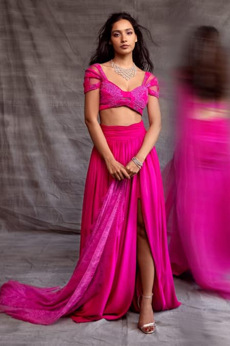 Shop Shehlaa Khan Pink Choli - Lace, Dupatta - Lace, Lehenga - Georgette Gathered Front Slit Set at Aza Fashions Shop_Shehlaa Khan_Pink Choli - Lace, Dupatta - Lace, Lehenga - Georgette Gathered Front Slit Set _at_Aza_Fashions