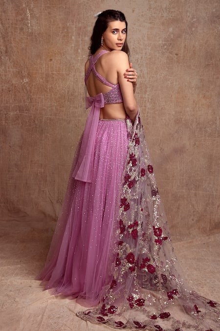 Shop_Shehlaa Khan_Purple Choli - Lace, Dupatta - Tulle, Lehenga - Gathered Front Slit Bridal Set _at_Aza_Fashions