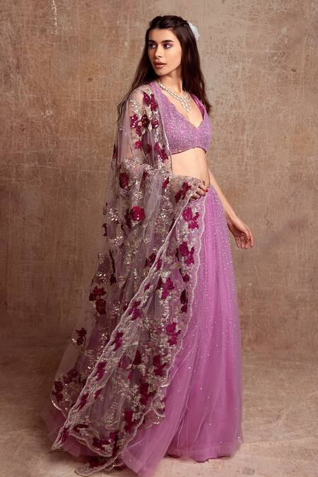 Shehlaa Khan_Purple Choli - Lace, Dupatta - Tulle, Lehenga - Gathered Front Slit Bridal Set _Online_at_Aza_Fashions
