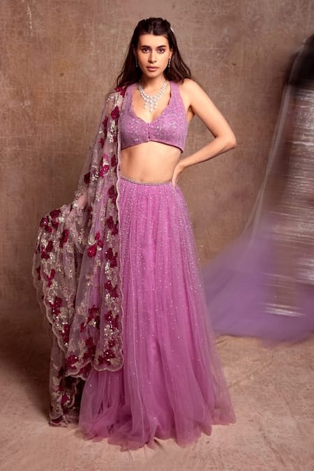 Buy_Shehlaa Khan_Purple Choli - Lace, Dupatta - Tulle, Lehenga - Gathered Front Slit Bridal Set _Online_at_Aza_Fashions
