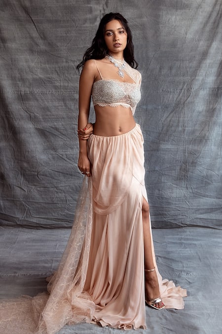 Shop_Shehlaa Khan_Beige Choli - Lace And Tulle, Dupatta - Lace, Lehenga - One Shoulder & Set _at_Aza_Fashions