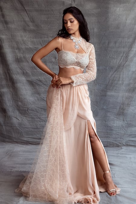 Buy_Shehlaa Khan_Beige Choli - Lace And Tulle, Dupatta - Lace, Lehenga - One Shoulder & Set _Online_at_Aza_Fashions