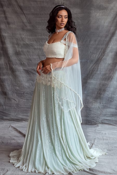 Shop_Shehlaa Khan_Blue Choli - Tulle, Dupatta - Tulle, Lehenga - Georgette Lace Embellished Set _at_Aza_Fashions