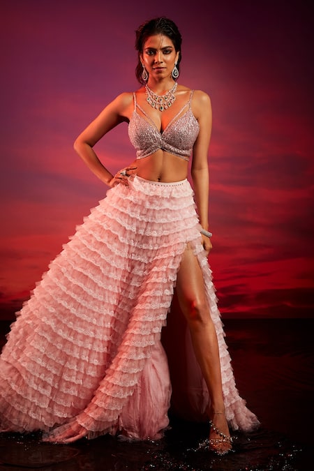 Buy_Shehlaa Khan_Pink Tulle Lace Work V Neck Tiered Ruffle Lehenga And Choli Set_Online_at_Aza_Fashions