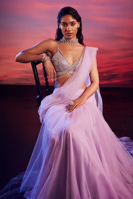 Shop Shehlaa Khan Purple Tulle Crystal Work V Neck Pre-draped Lehenga Saree With Blouse at Aza Fashions Shop_Shehlaa Khan_Purple Tulle Crystal Work V Neck Pre-draped Lehenga Saree With Blouse_at_Aza_Fashions