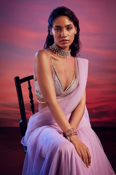 Shehlaa Khan Purple Tulle Crystal Work V Neck Pre-draped Lehenga Saree With Blouse Online at Aza Fashions Shehlaa Khan_Purple Tulle Crystal Work V Neck Pre-draped Lehenga Saree With Blouse_Online_at_Aza_Fashions