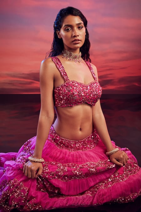 Shop_Shehlaa Khan_Pink Tulle Embroidered Lace Work Sweetheart Neck Bridal Lehenga Set _at_Aza_Fashions