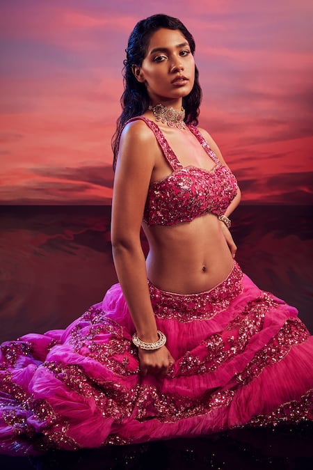 Shehlaa Khan_Pink Tulle Embroidered Lace Work Sweetheart Neck Bridal Lehenga Set _Online_at_Aza_Fashions