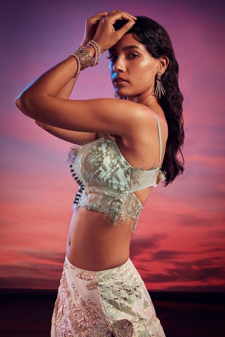 Shehlaa Khan_Green Brocade, Lace Sweetheart Neck Lehenga Set_Online_at_Aza_Fashions