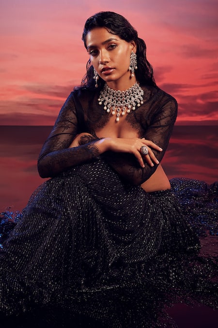Shop_Shehlaa Khan_Black Tulle, Work V Neck Choli Lehenga Set _at_Aza_Fashions