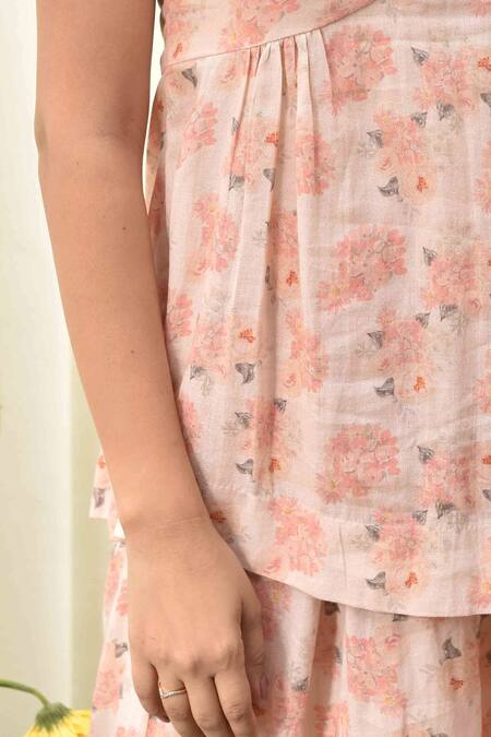 Shop_Tussah By Siddhi Shah_Peach Pure Cotton Floral Print V Neck Top And Pant Set_Online_at_Aza_Fashions