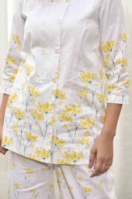 Buy_Tussah By Siddhi Shah_White Poplin Floral Print Round Top And Pant Set_Online_at_Aza_Fashions
