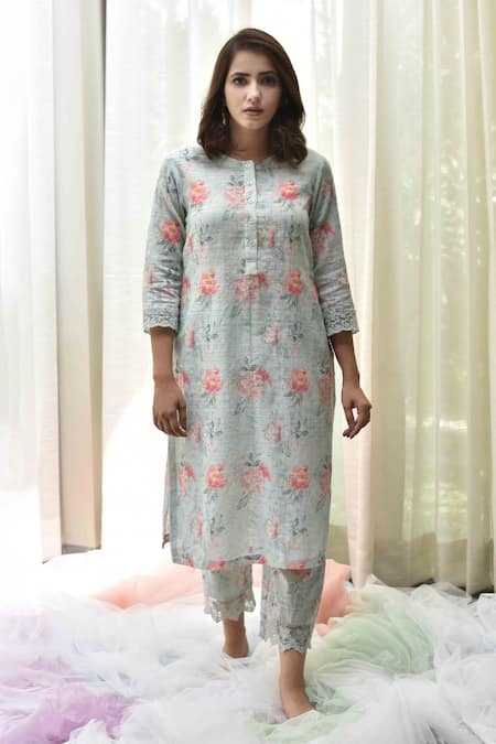 Shop Tussah By Siddhi Shah Green Handloom Cotton Floral Print Round Kurta And Pant Set at Aza Fashions Shop_Tussah By Siddhi Shah_Green Handloom Cotton Floral Print Round Kurta And Pant Set _at_Aza_Fashions