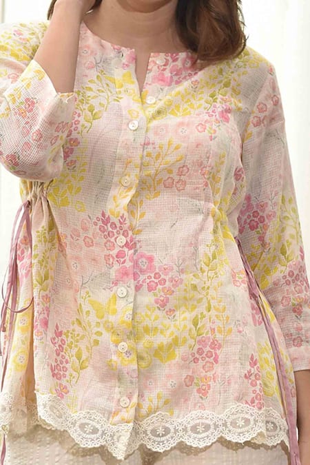 Buy_Tussah By Siddhi Shah_White Woven Cotton Floral Print Notched Top _Online_at_Aza_Fashions